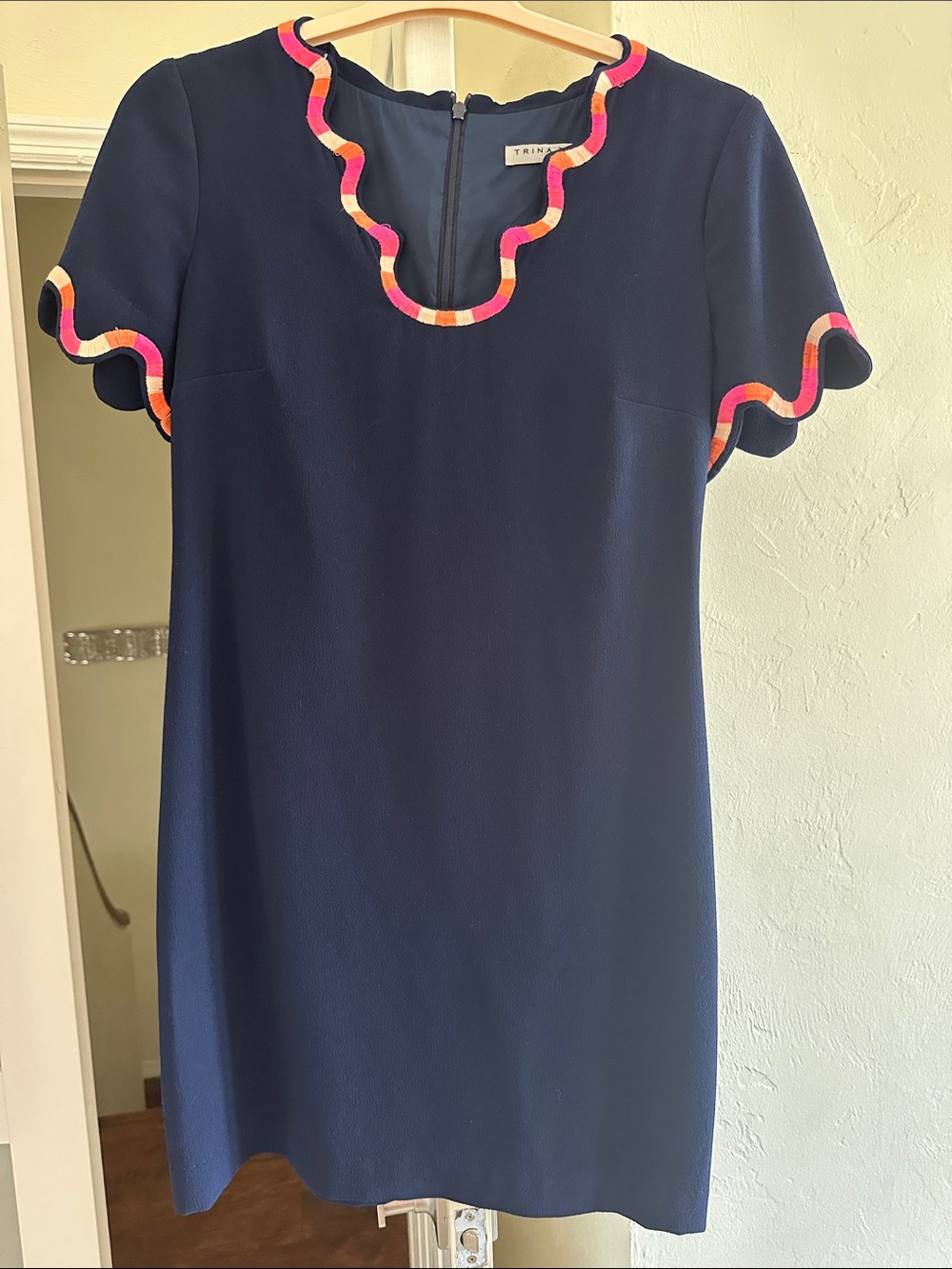 Trina Turk Navy Shift Dress with Bright Scallop Trim
